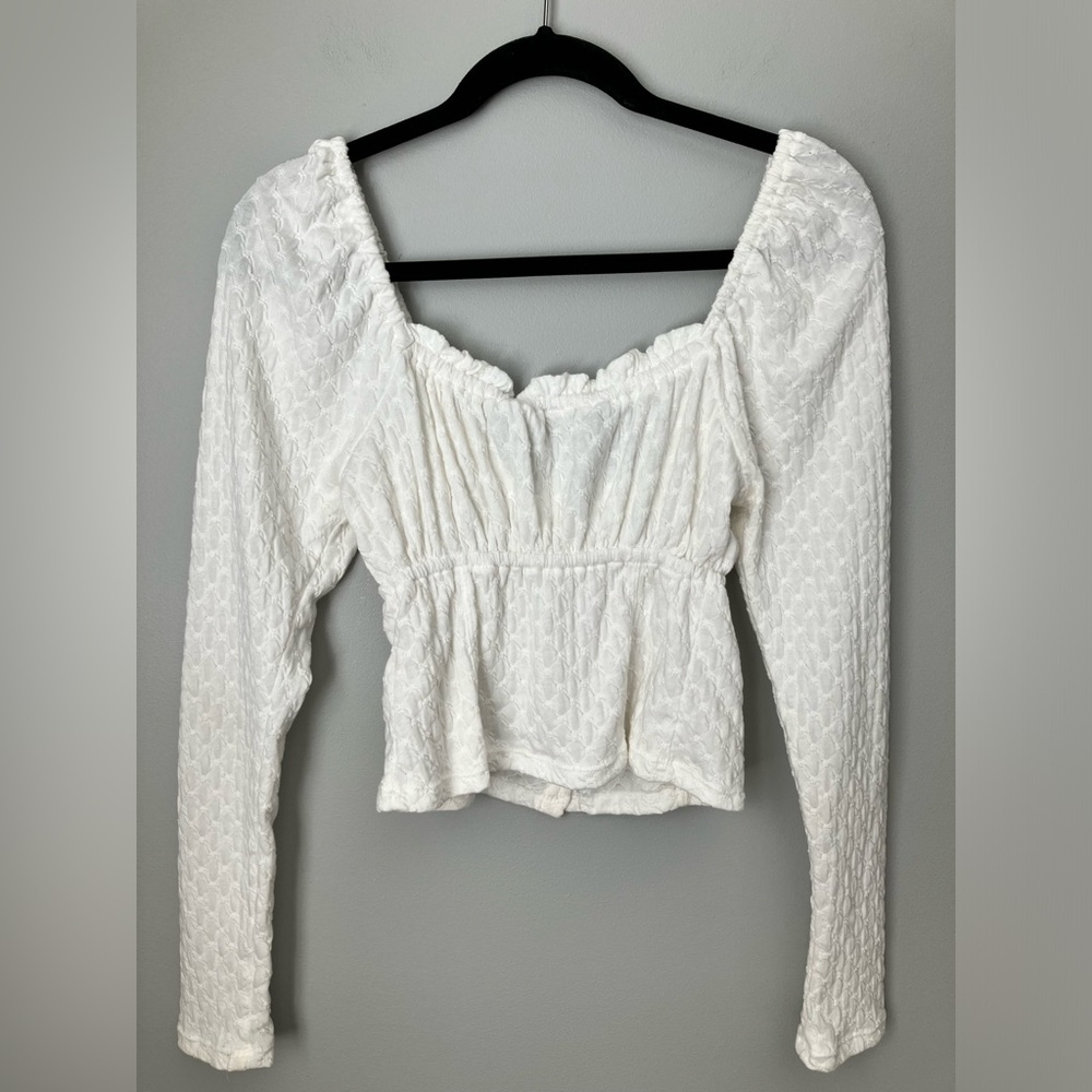 Free People cream quilted pattern button up long sleeve top Medium